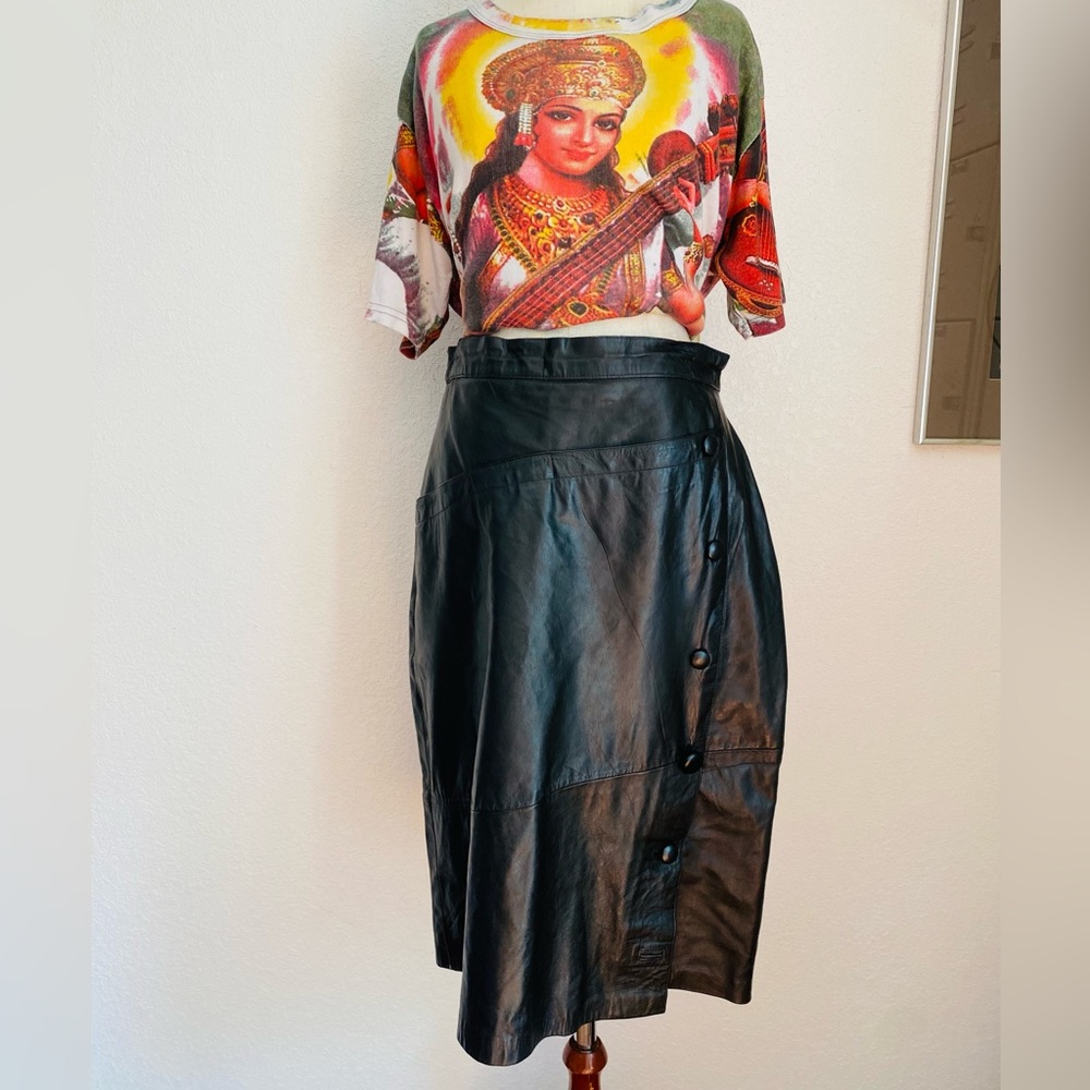 Vintage 80s 70s Genuine Leather Black Midi Pencil Skirt